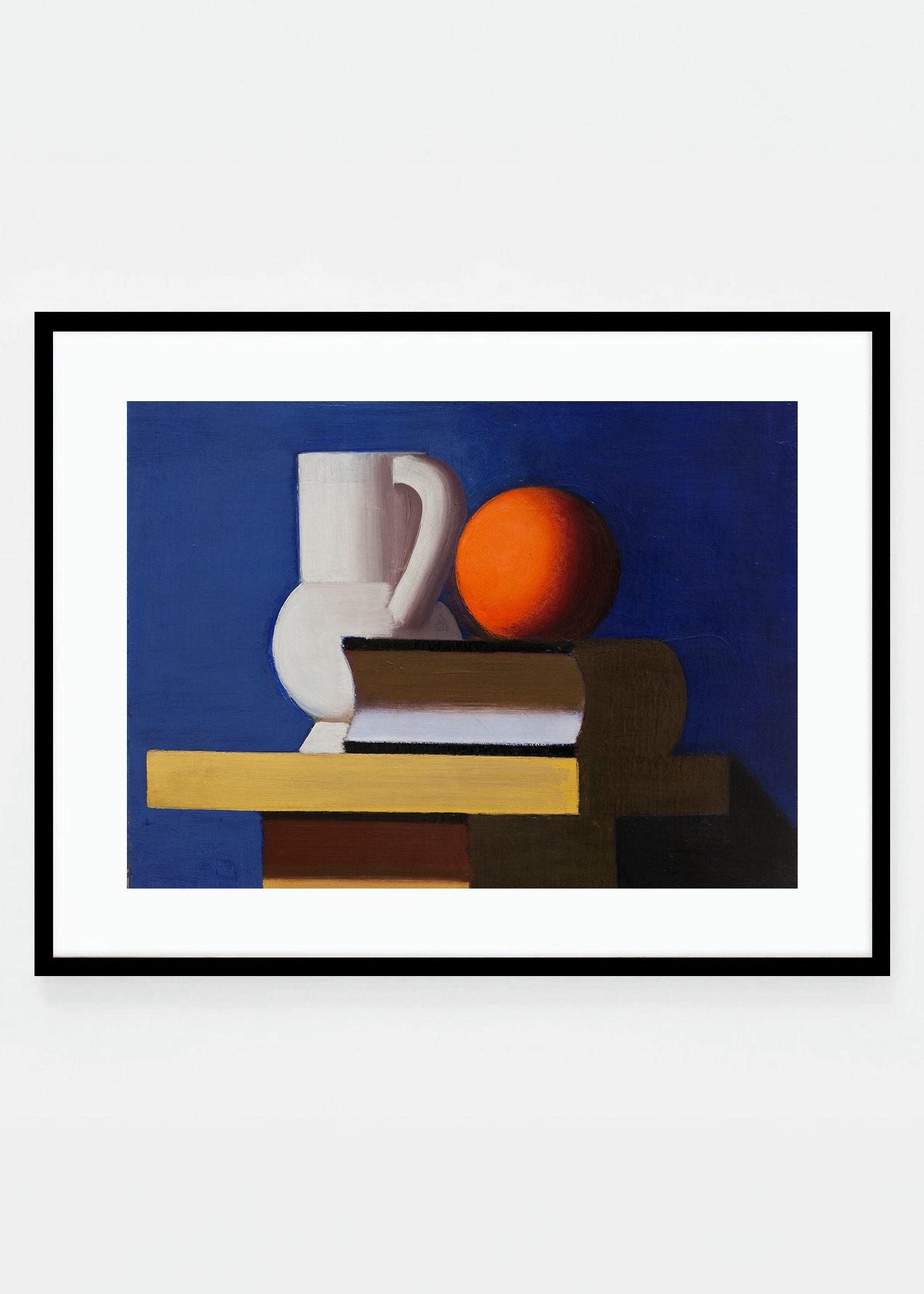 Arrangement with white jug, orange and book