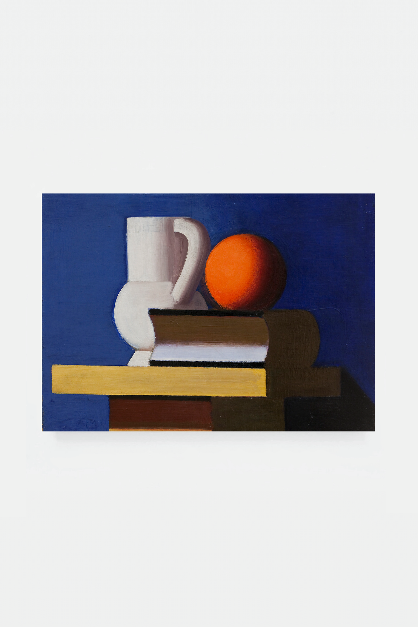 Arrangement with white jug, orange and book