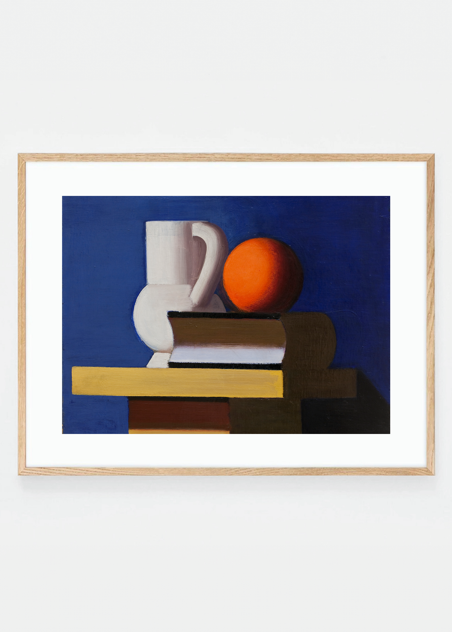 Arrangement with white jug, orange and book