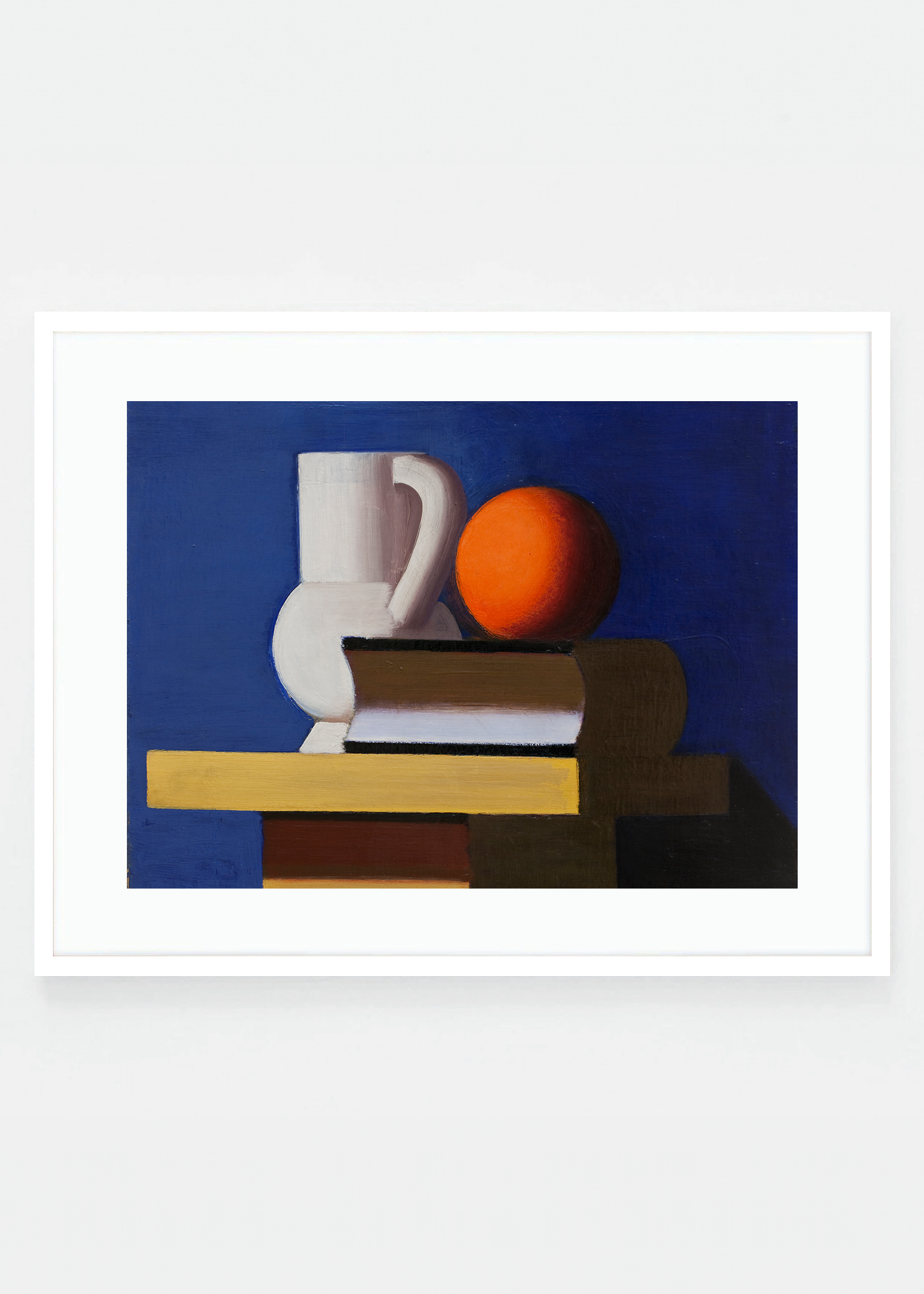 Arrangement with white jug, orange and book