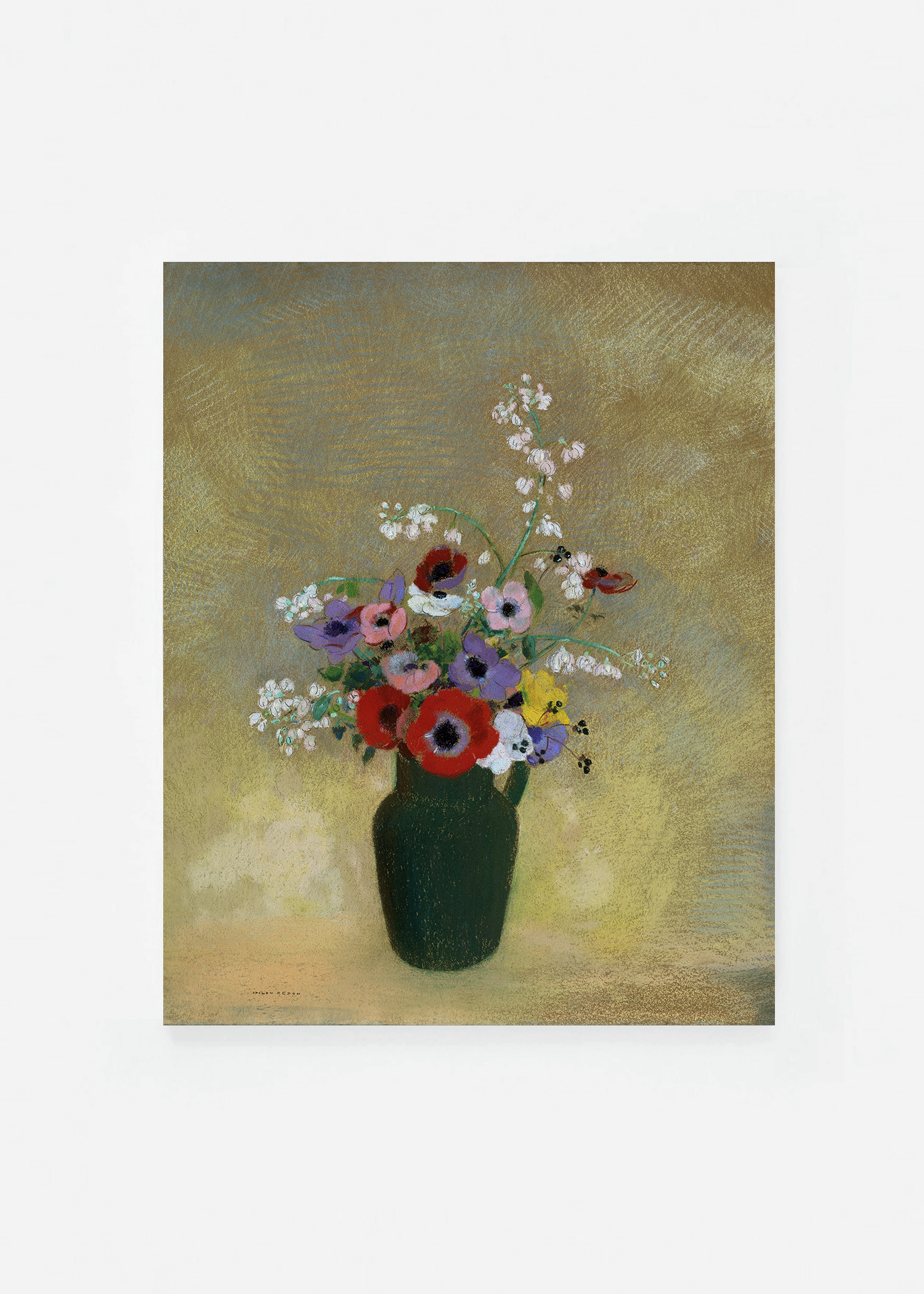 Large green vase with mixed flowers