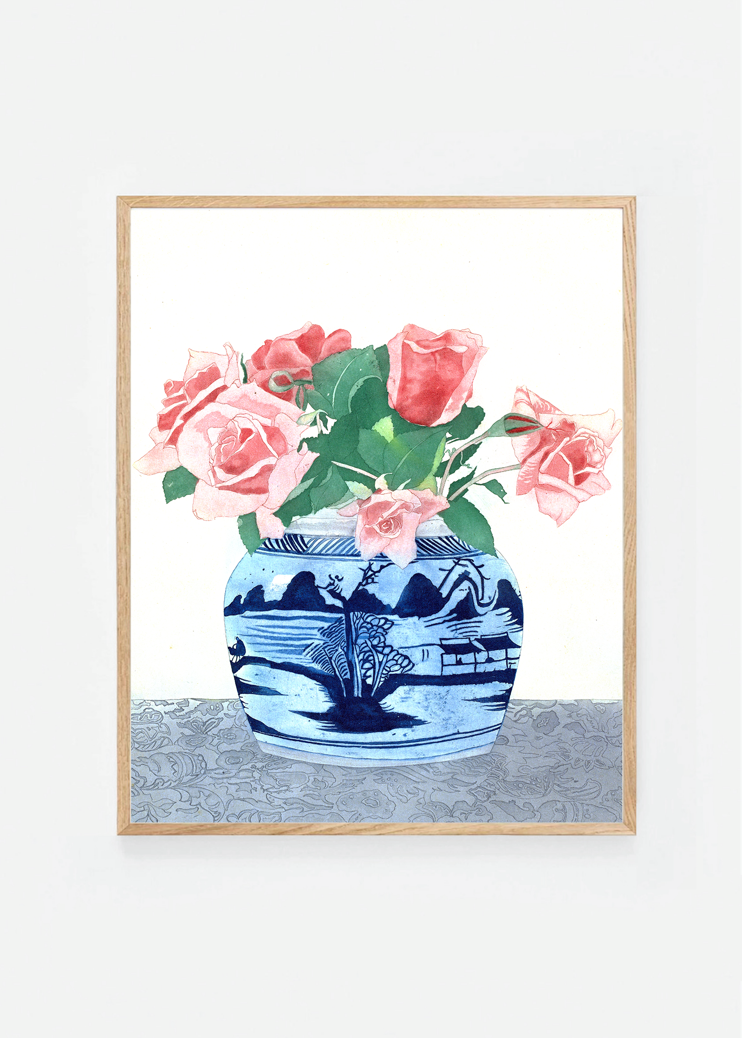 Pink roses in a ginger jar with Chinese decorations