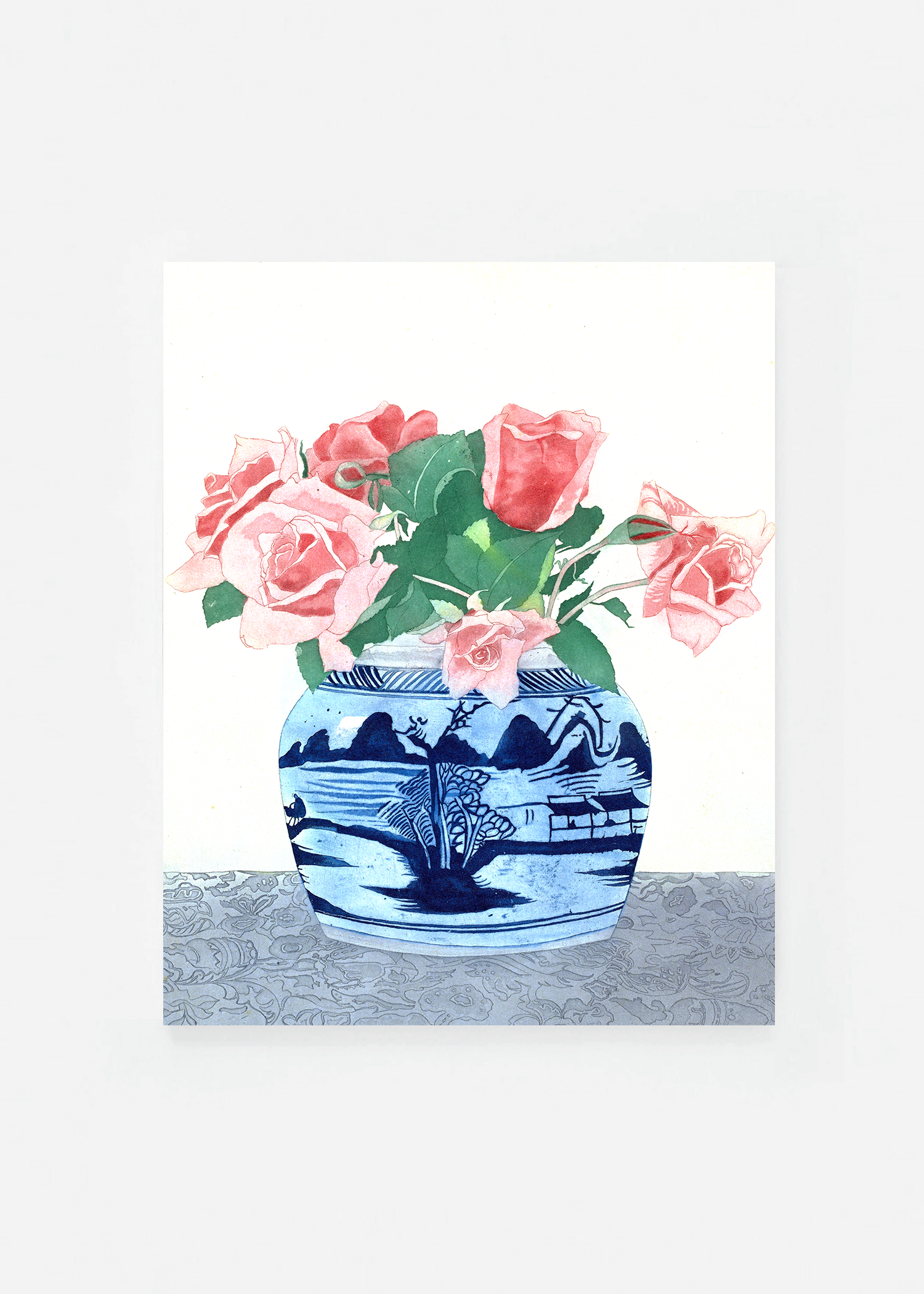 Pink roses in a ginger jar with Chinese decorations