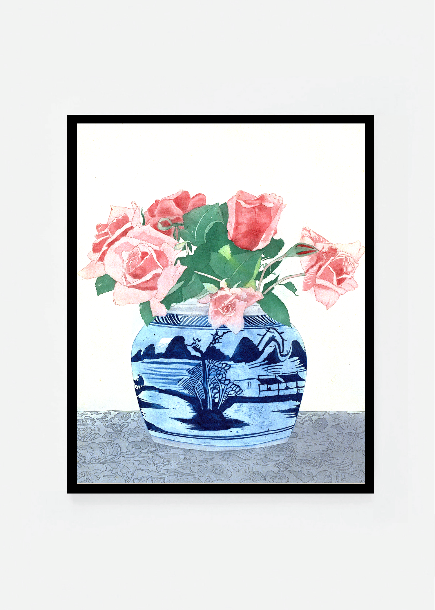 Pink roses in a ginger jar with Chinese decorations
