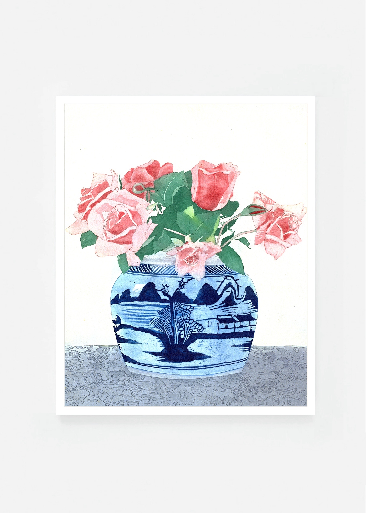Pink roses in a ginger jar with Chinese decorations