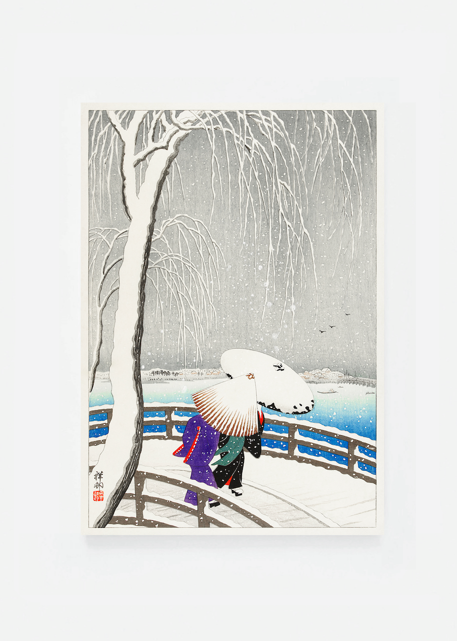 Two women walking in the snow