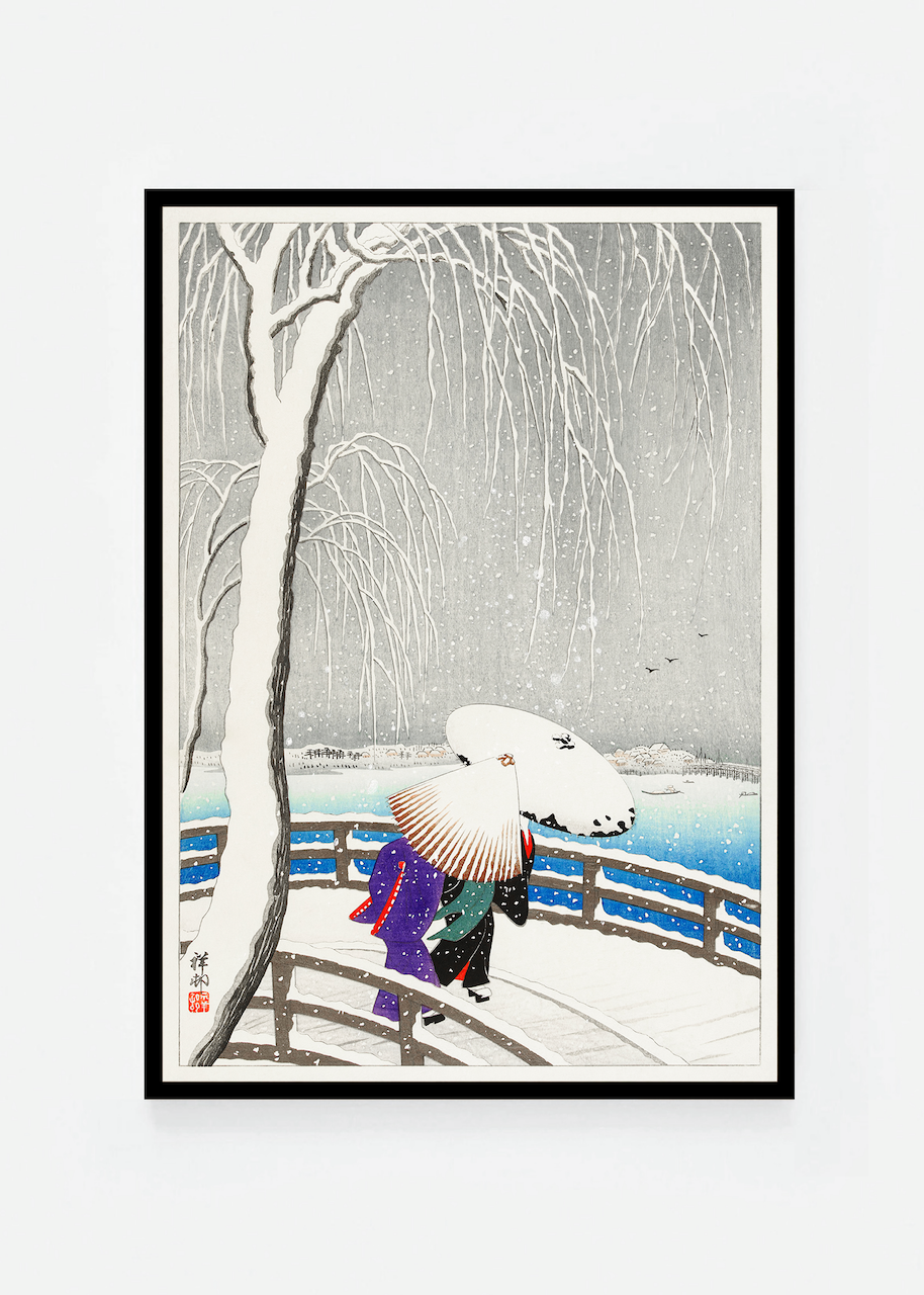 Two women walking in the snow